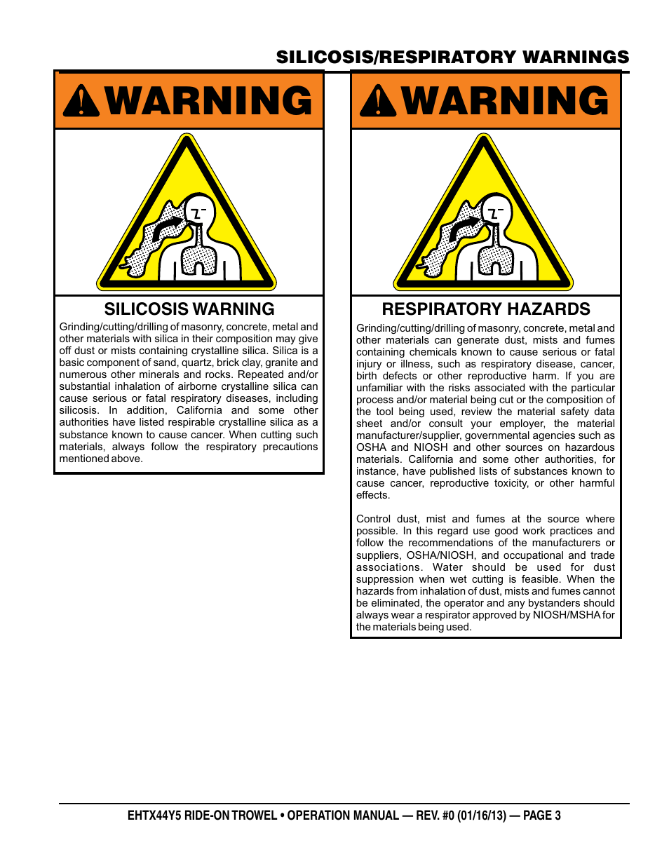 Warning | Multiquip EHTX44Y5 User Manual | Page 3 / 50