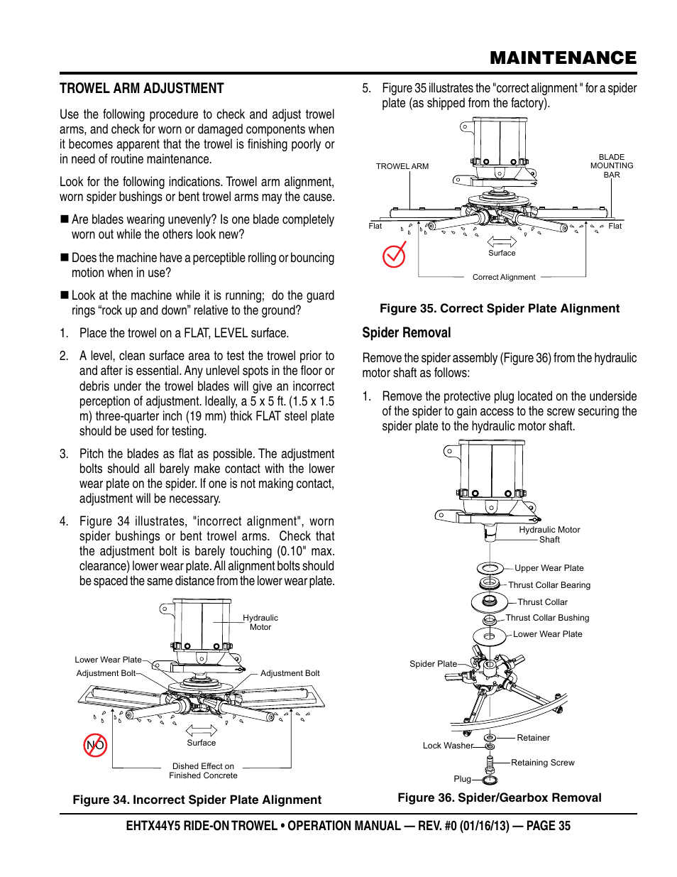 Maintenance, Trowel arm adjustment, Spider removal | Multiquip EHTX44Y5 User Manual | Page 35 / 50