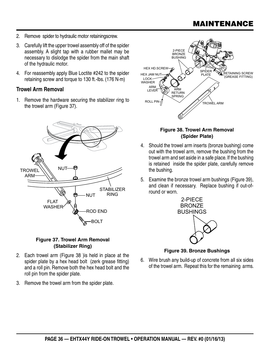 Maintenance, Trowel arm removal, Piece bronze bushings | Multiquip EHTX44Y5 User Manual | Page 36 / 50