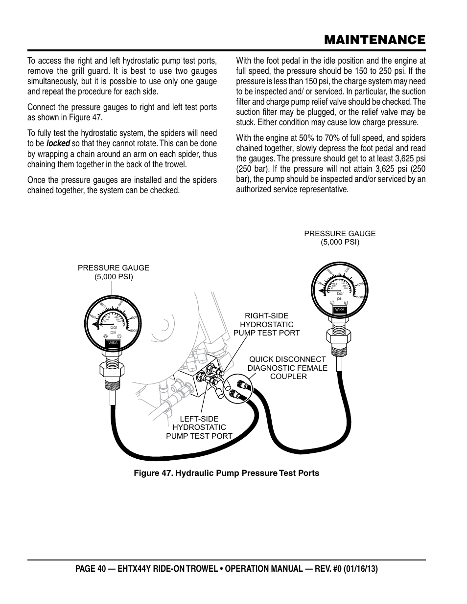 Maintenance, Figure 47. hydraulic pump pressure test ports | Multiquip EHTX44Y5 User Manual | Page 40 / 50