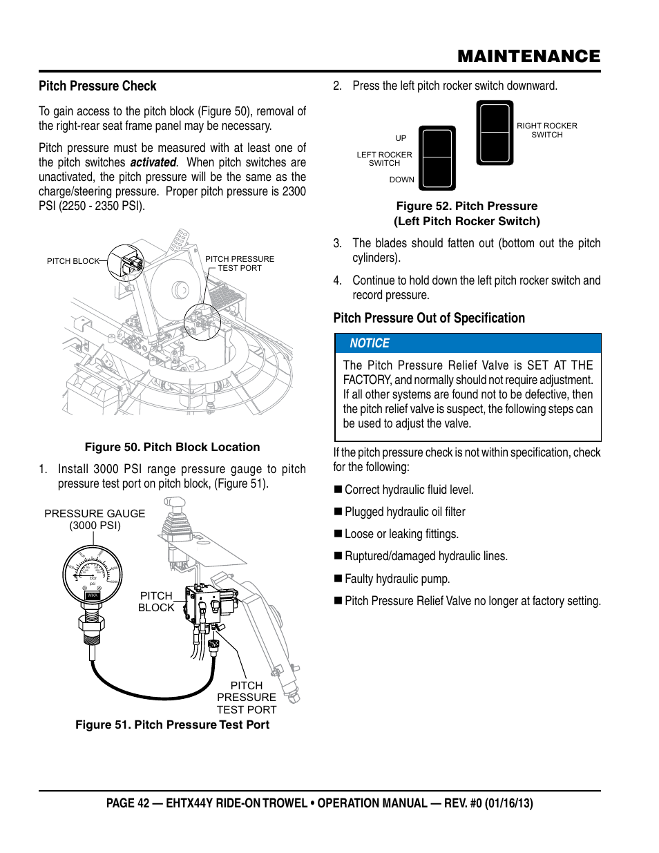 Maintenance, Pitch pressure check, Pitch pressure out of specification | Press the left pitch rocker switch downward | Multiquip EHTX44Y5 User Manual | Page 42 / 50