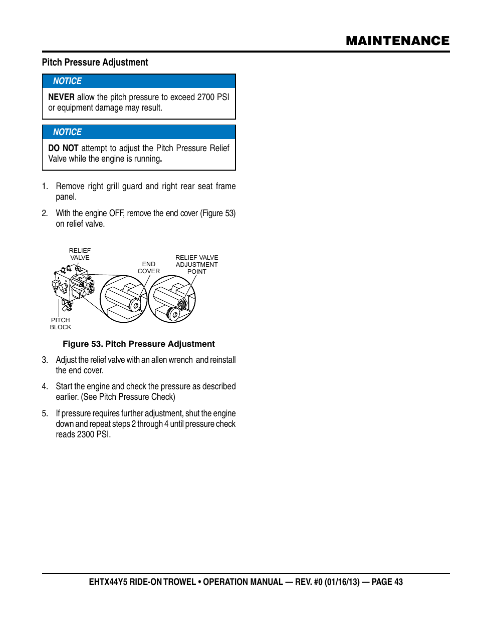 Maintenance, Pitch pressure adjustment | Multiquip EHTX44Y5 User Manual | Page 43 / 50