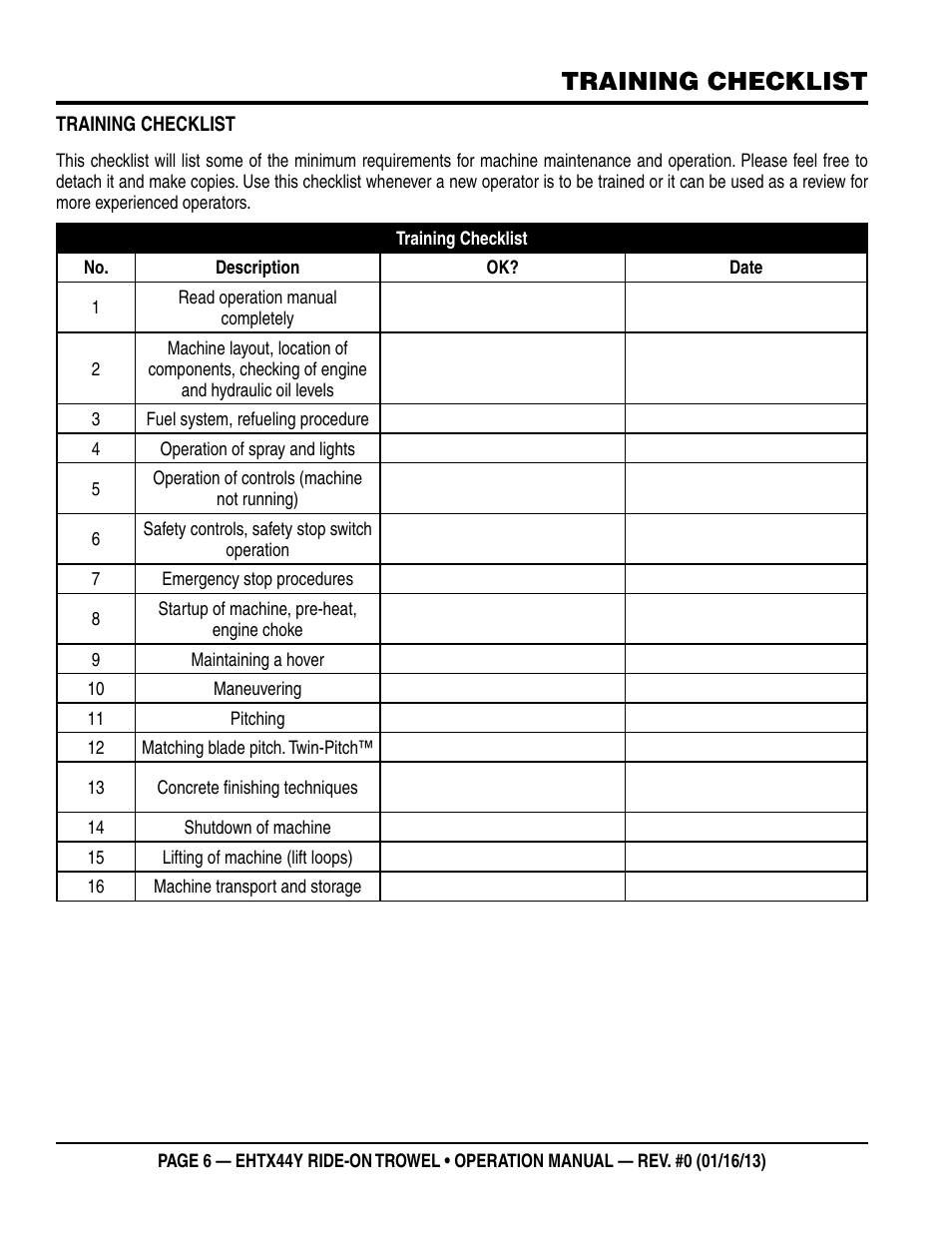 Training checklist | Multiquip EHTX44Y5 User Manual | Page 6 / 50