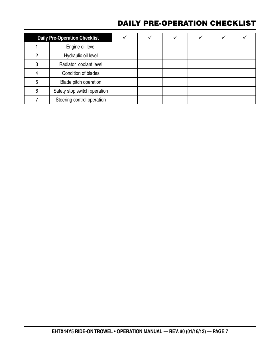 Daily pre-operation checklist | Multiquip EHTX44Y5 User Manual | Page 7 / 50