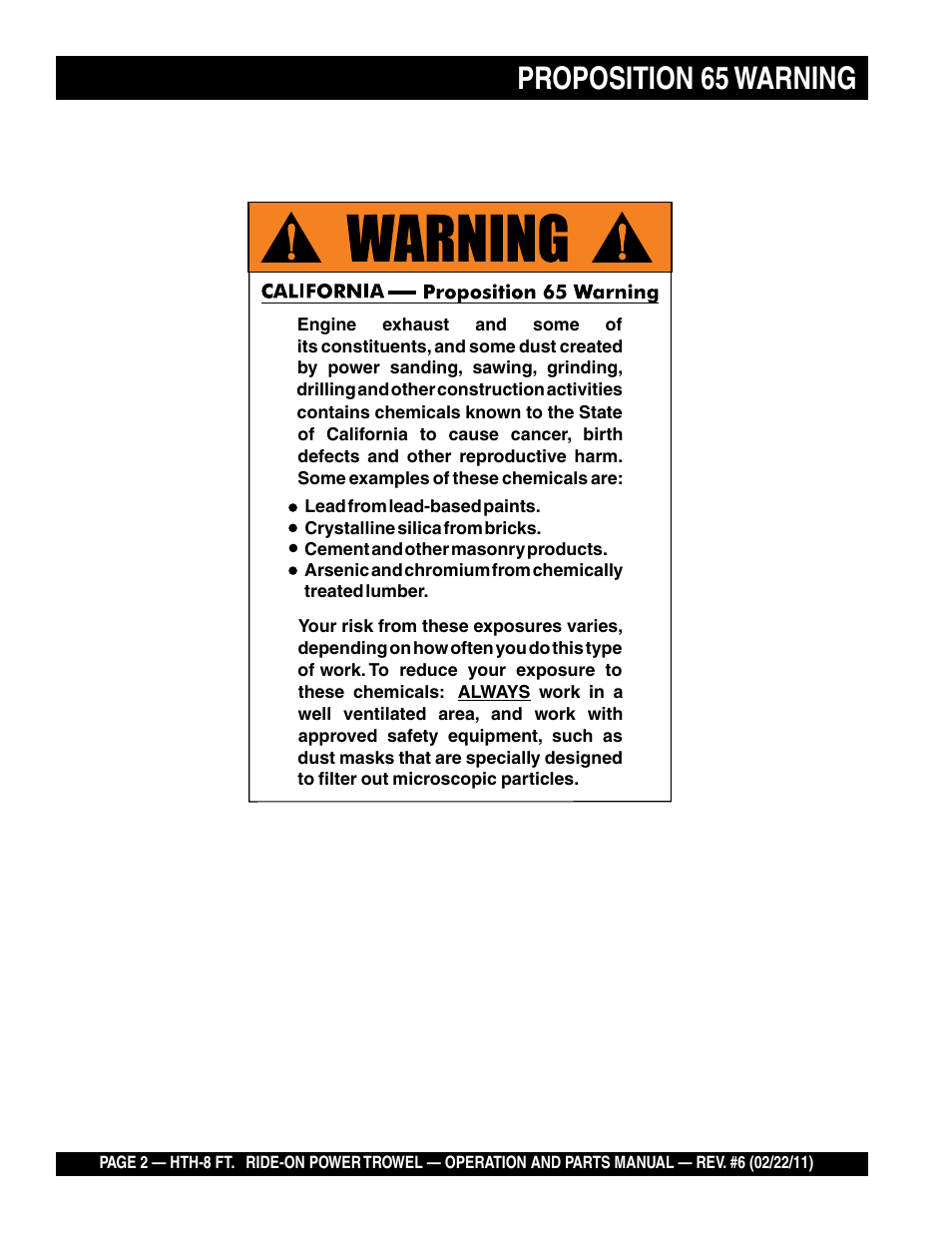 Proposition 65 warning | Multiquip HTH_SERIES User Manual | Page 2 / 96