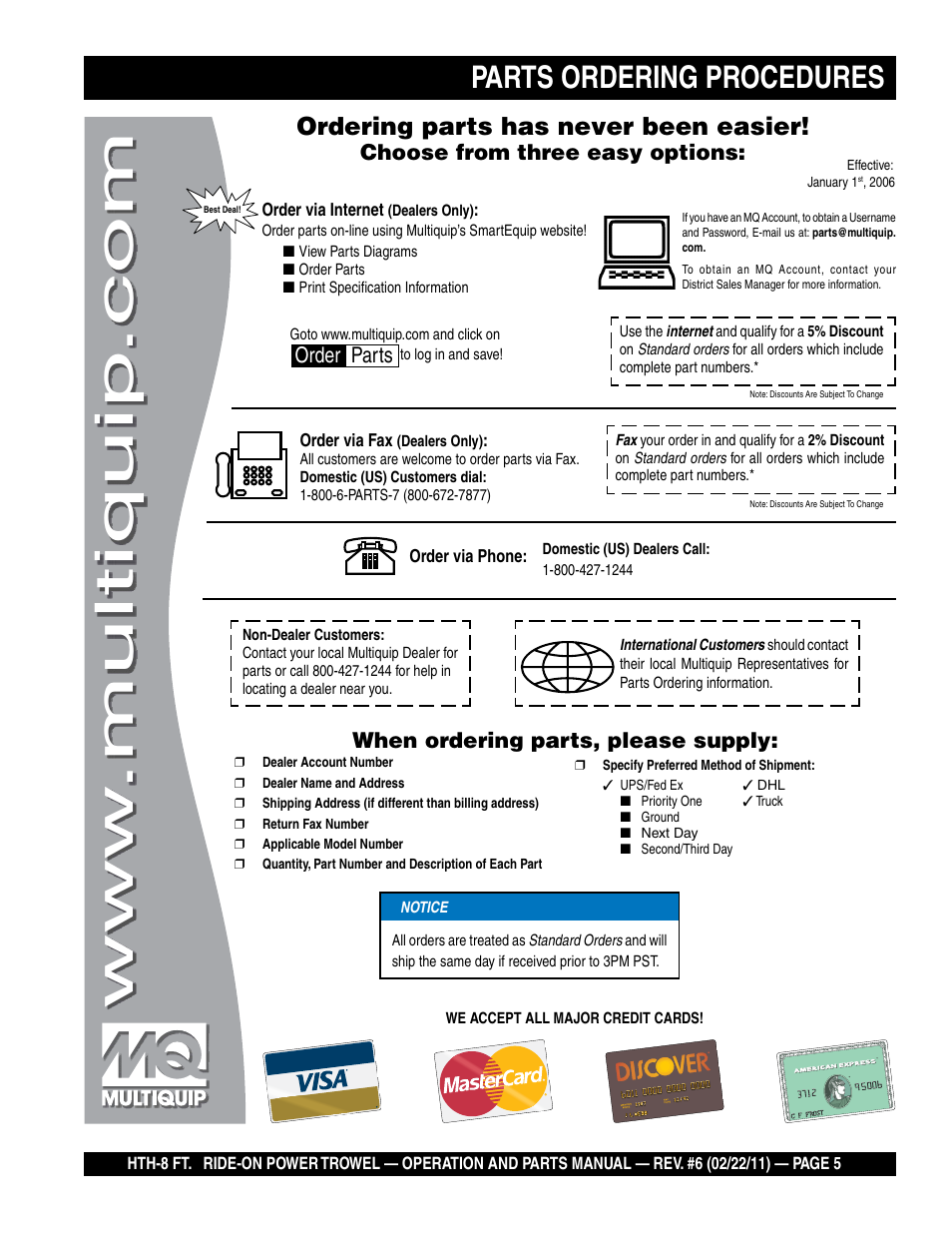 Parts ordering procedures, Ordering parts has never been easier, Choose from three easy options | When ordering parts, please supply, Order parts | Multiquip HTH_SERIES User Manual | Page 5 / 96