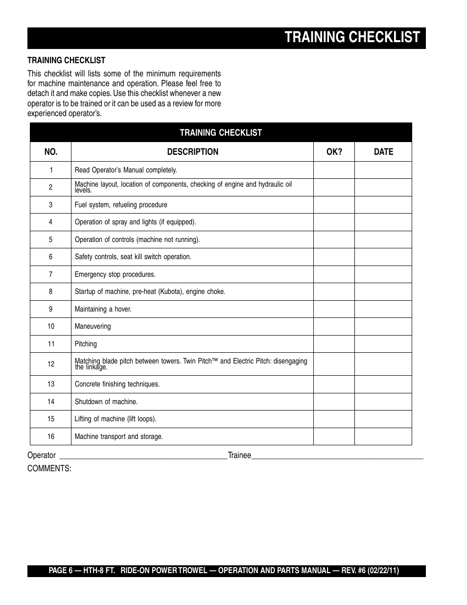 Training checklist | Multiquip HTH_SERIES User Manual | Page 6 / 96