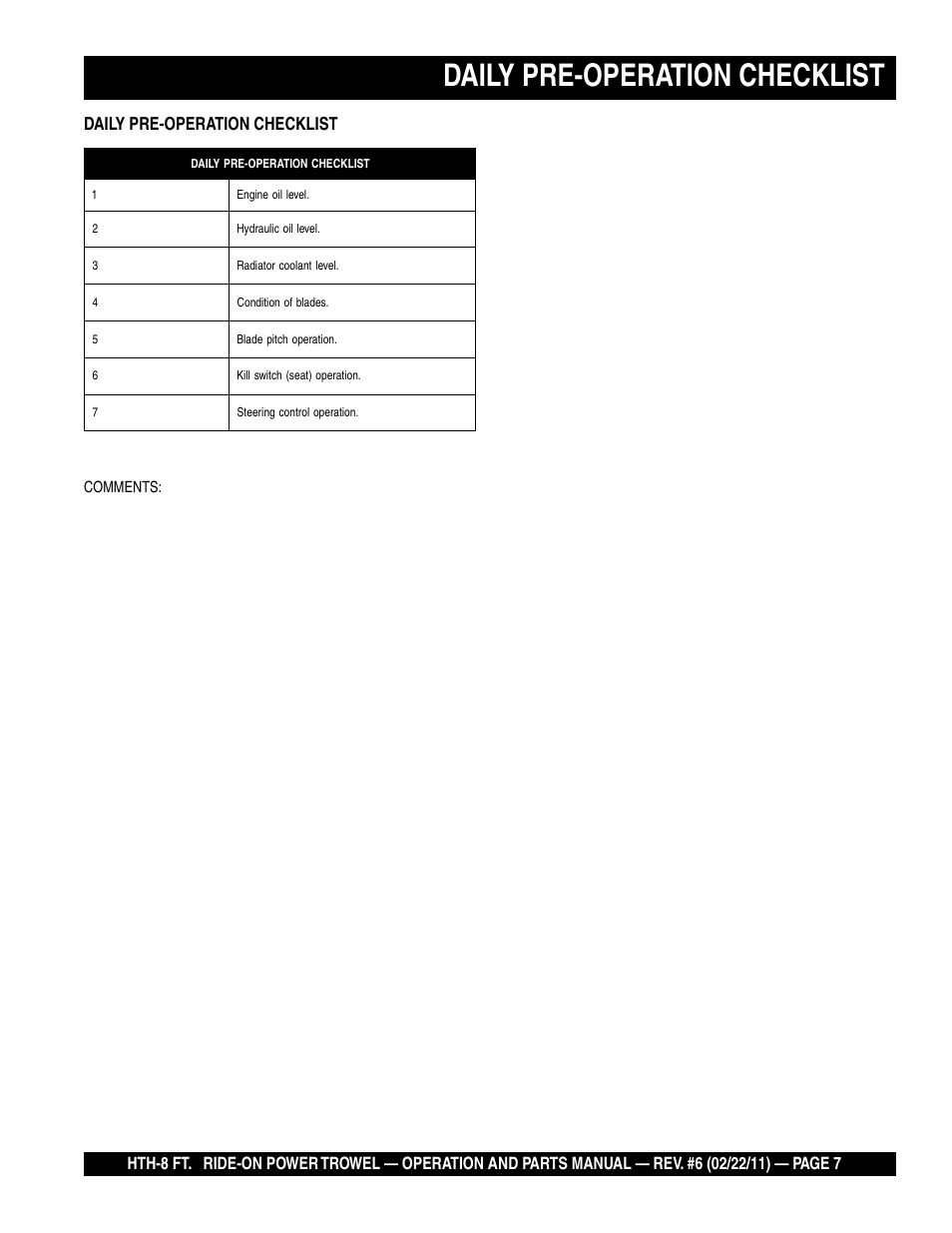 Daily pre-operation checklist | Multiquip HTH_SERIES User Manual | Page 7 / 96