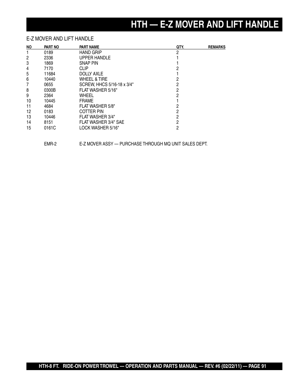 Hth — e-z mover and lift handle | Multiquip HTH_SERIES User Manual | Page 91 / 96