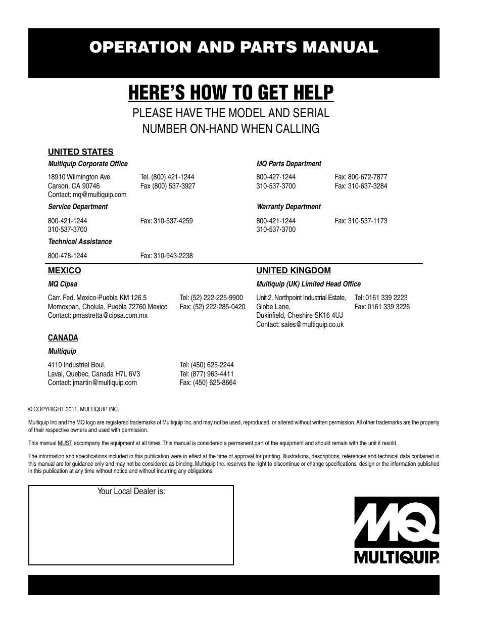 Here’s how to get help, Operation and parts manual | Multiquip HTH_SERIES User Manual | Page 96 / 96