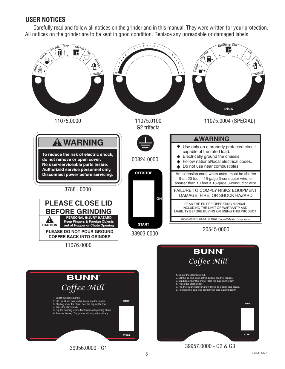Please close lid before grinding, Coffee mill, Warning | User notices, Please do not pour ground coffee back into grinder | Bunn G1 User Manual | Page 3 / 6
