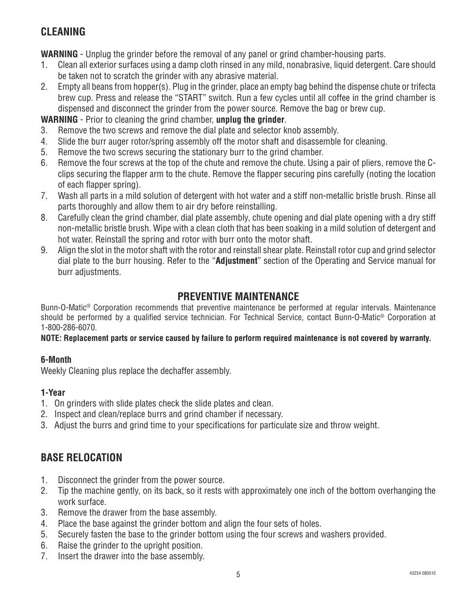 Cleaning, Base relocation, Preventive maintenance | Bunn G1 User Manual | Page 5 / 6