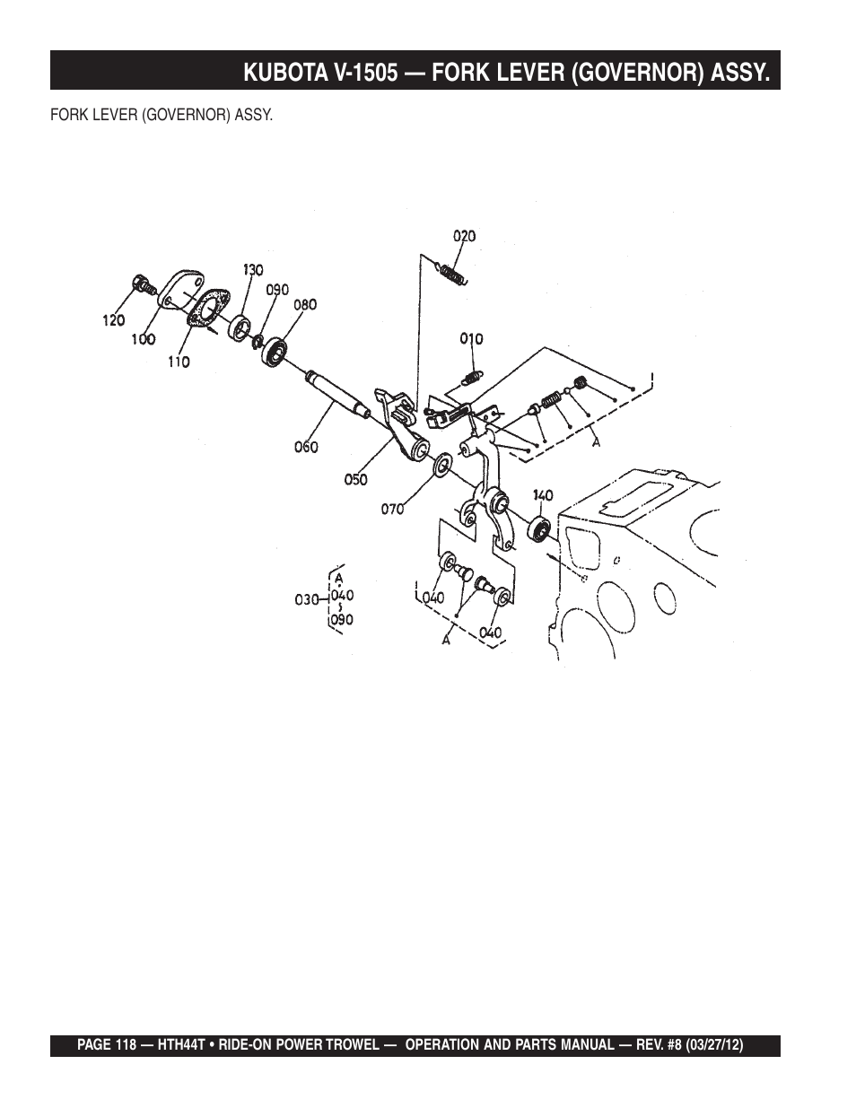 Kubota v-1505 — fork lever (governor) assy | Multiquip HTH44T User Manual | Page 118 / 164