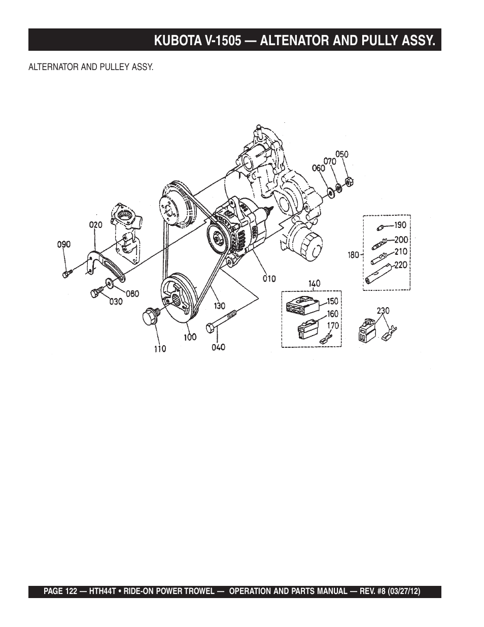 Kubota v-1505 — altenator and pully assy | Multiquip HTH44T User Manual | Page 122 / 164