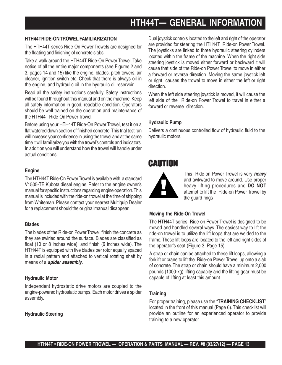Hth44t— general information, Caution | Multiquip HTH44T User Manual | Page 13 / 164