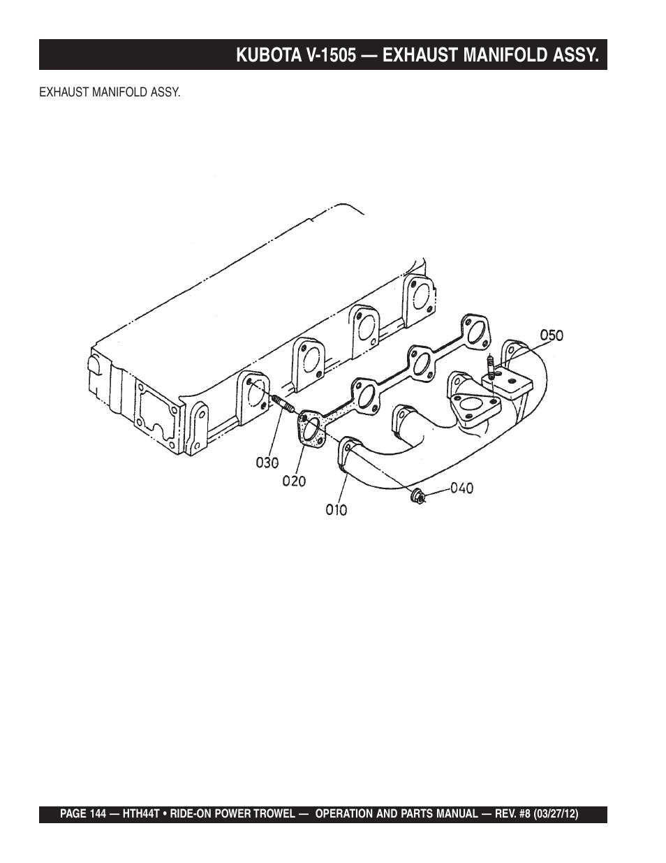 Kubota v-1505 — exhaust manifold assy | Multiquip HTH44T User Manual | Page 144 / 164