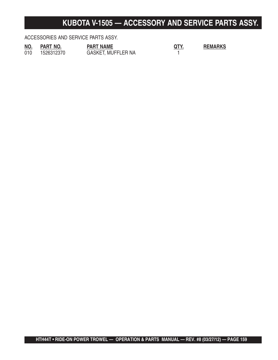 Kubota v-1505 — accessory and service parts assy | Multiquip HTH44T User Manual | Page 159 / 164