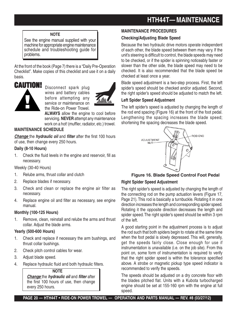 Hth44t— maintenance, Caution | Multiquip HTH44T User Manual | Page 20 / 164