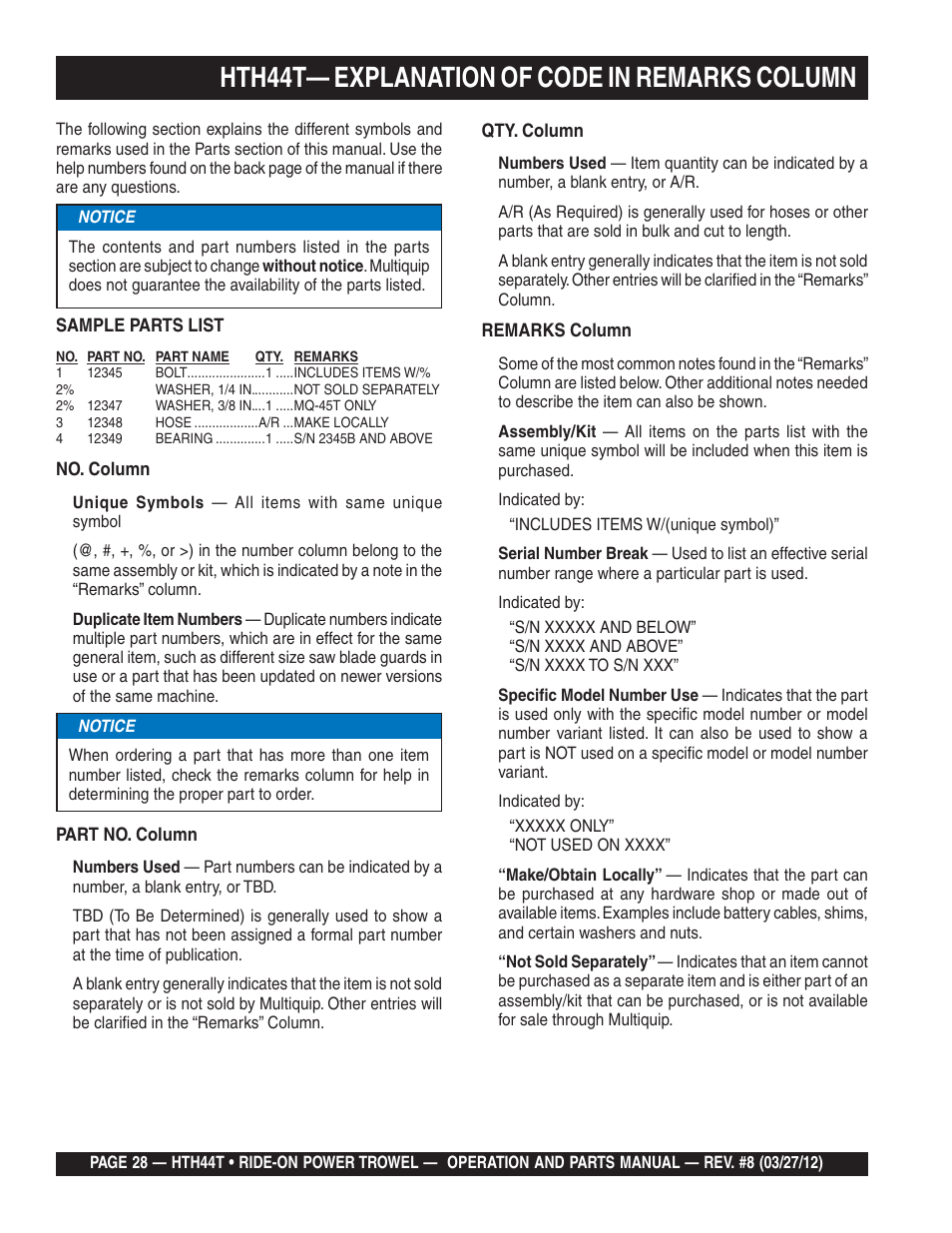 Hth44t— explanation of code in remarks column | Multiquip HTH44T User Manual | Page 28 / 164