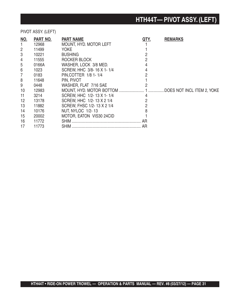 Hth44t— pivot assy. (left) | Multiquip HTH44T User Manual | Page 31 / 164