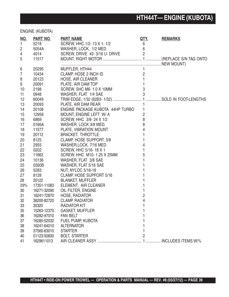 Hth44t— engine (kubota) | Multiquip HTH44T User Manual | Page 39 / 164