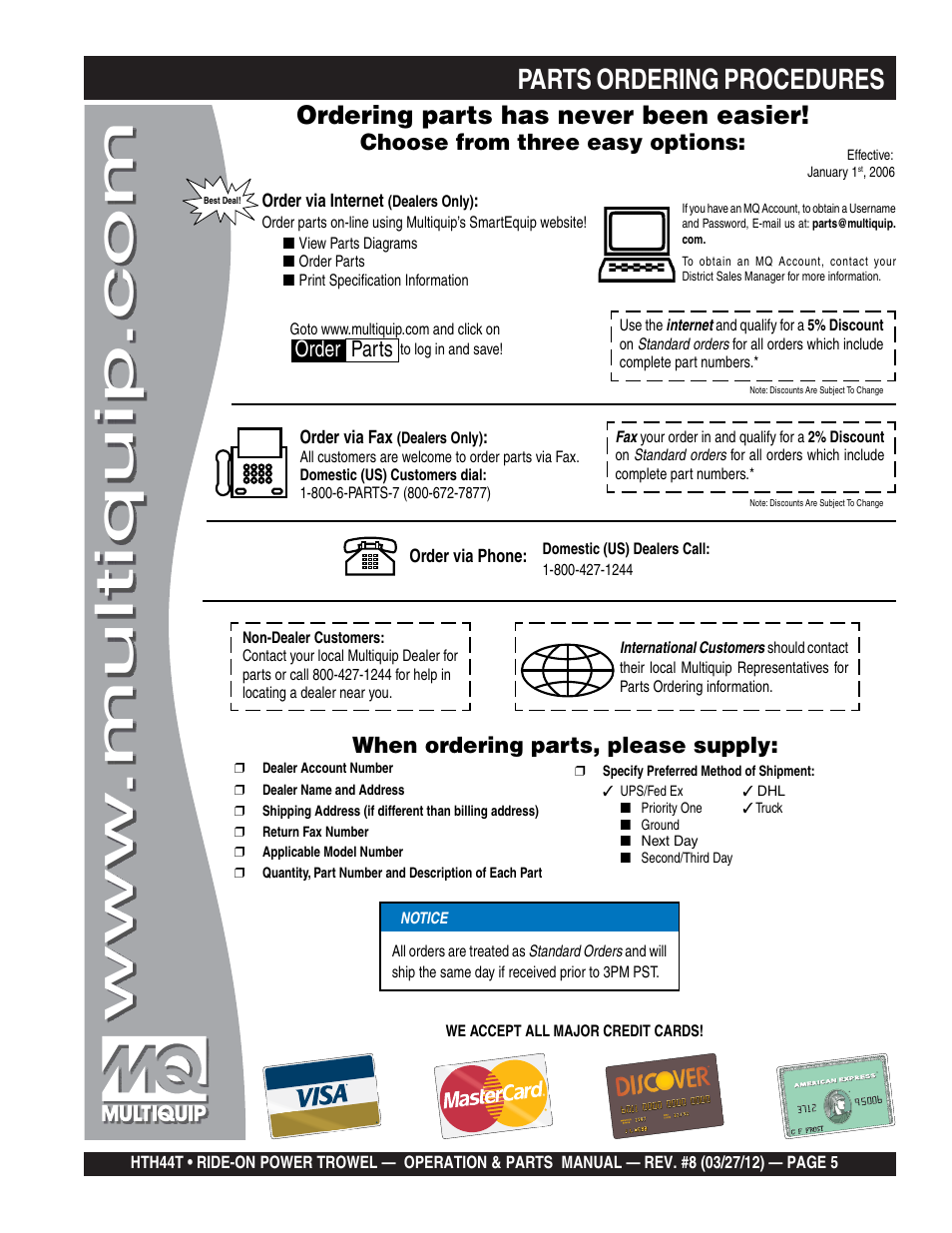 Parts ordering procedures, Ordering parts has never been easier, Choose from three easy options | When ordering parts, please supply, Order parts | Multiquip HTH44T User Manual | Page 5 / 164