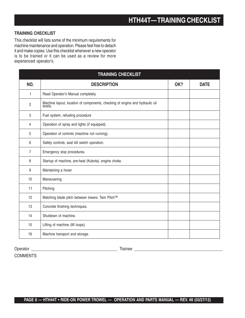Hth44t— training checklist | Multiquip HTH44T User Manual | Page 6 / 164