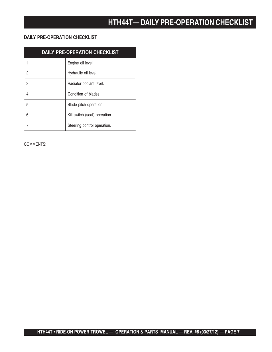 Hth44t— daily pre-operation checklist | Multiquip HTH44T User Manual | Page 7 / 164