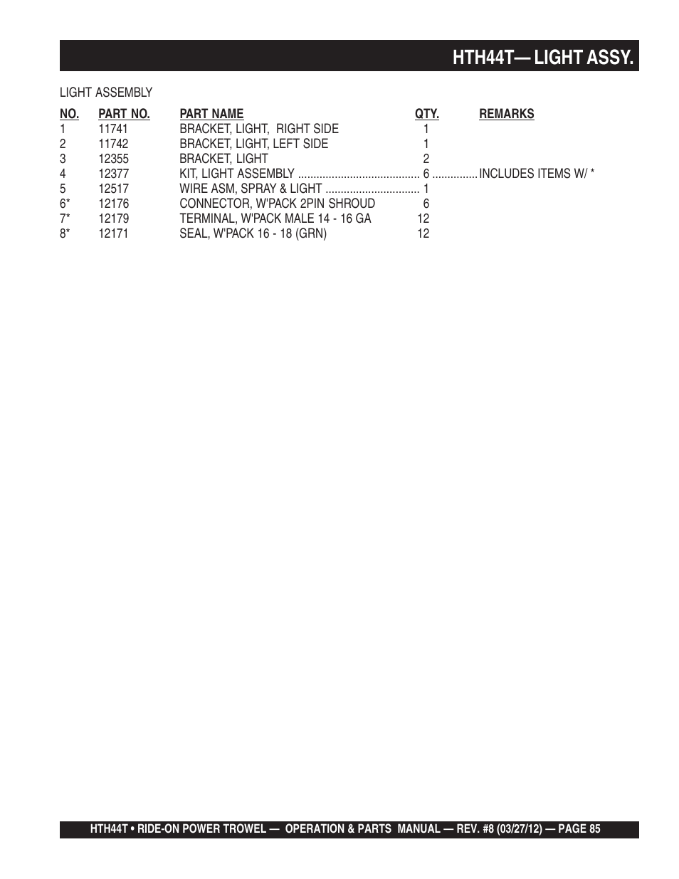 Hth44t— light assy | Multiquip HTH44T User Manual | Page 85 / 164
