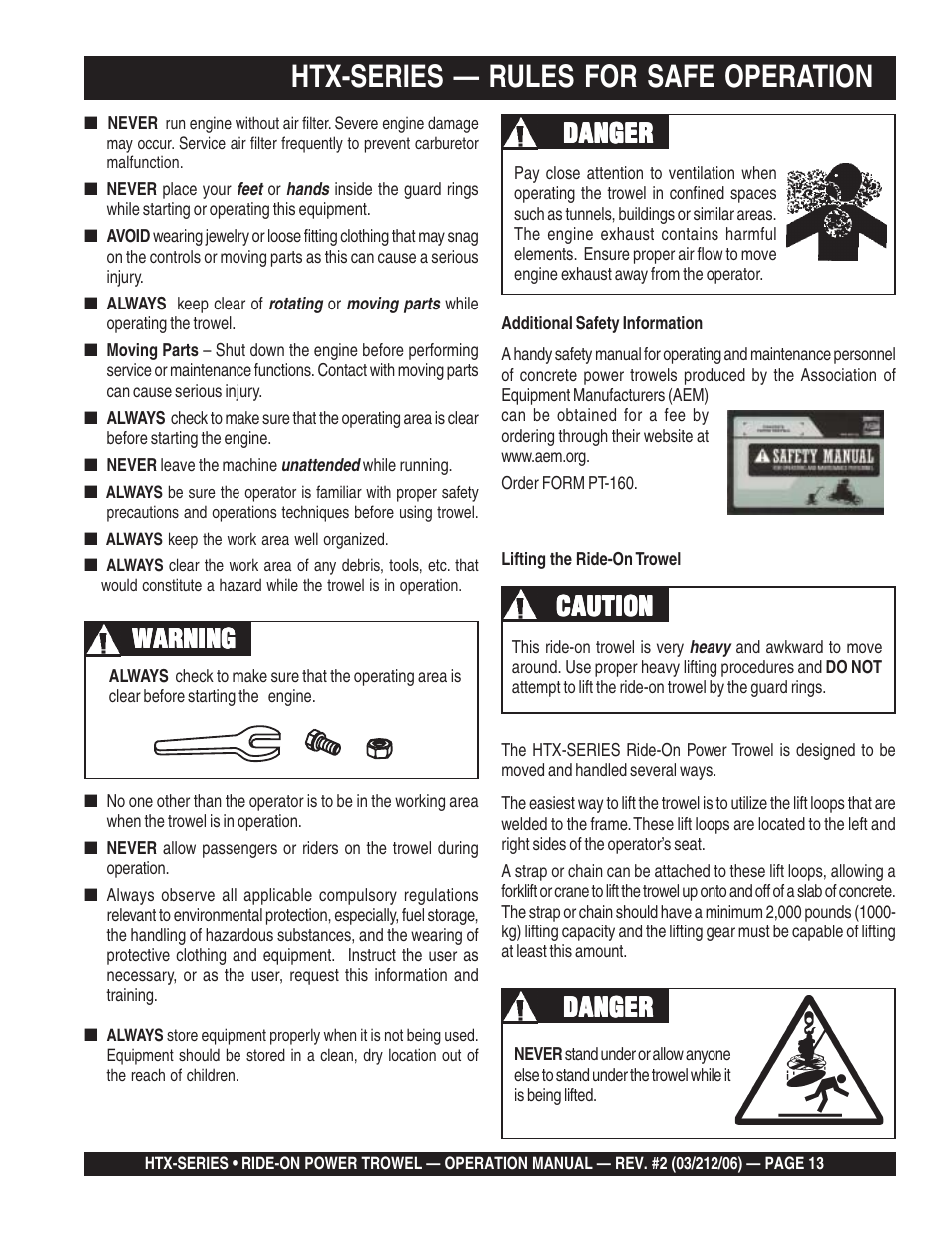 Htx-series — rules for safe operation, Warning, Danger | Multiquip HTX44K4_K5 User Manual | Page 13 / 46