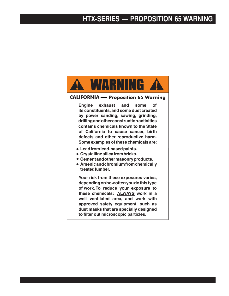 Htx-series — proposition 65 warning | Multiquip HTX44K4_K5 User Manual | Page 2 / 46