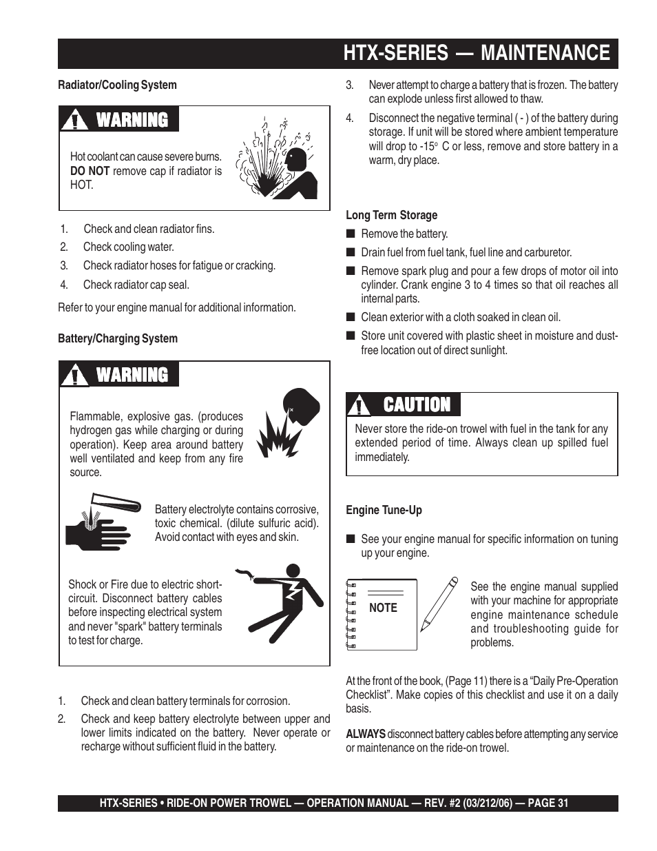 Htx-series — maintenance, Warning, Caution | Multiquip HTX44K4_K5 User Manual | Page 31 / 46