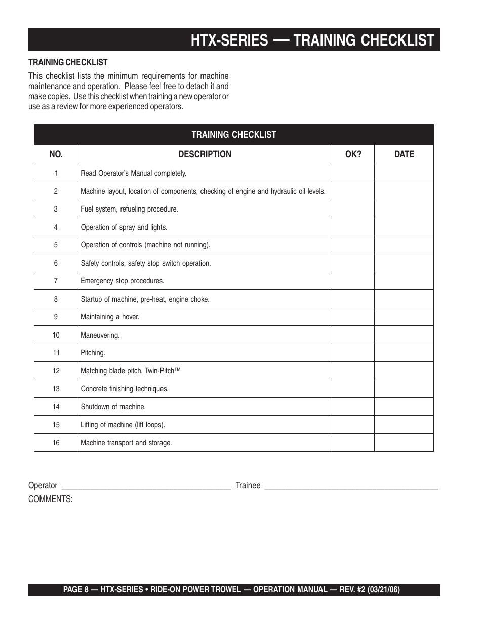 Htx-series, Training checklist | Multiquip HTX44K4_K5 User Manual | Page 8 / 46