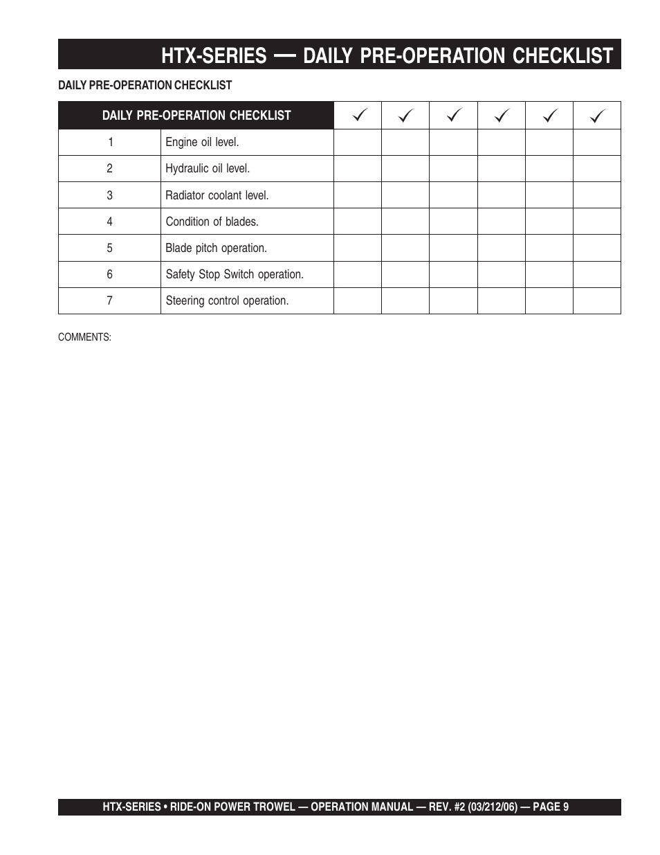 Htx-series, Daily pre-operation checklist | Multiquip HTX44K4_K5 User Manual | Page 9 / 46