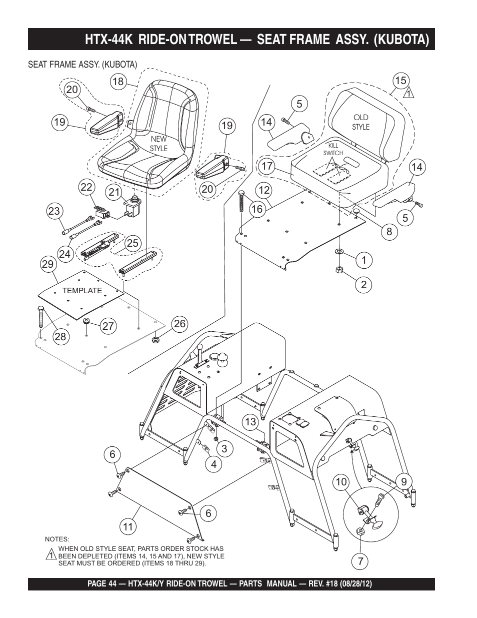 Htx-44k ride-on trowel — seat frame assy. (kubota) | Multiquip HTX44K4_K5_Y4_Y5 User Manual | Page 44 / 74