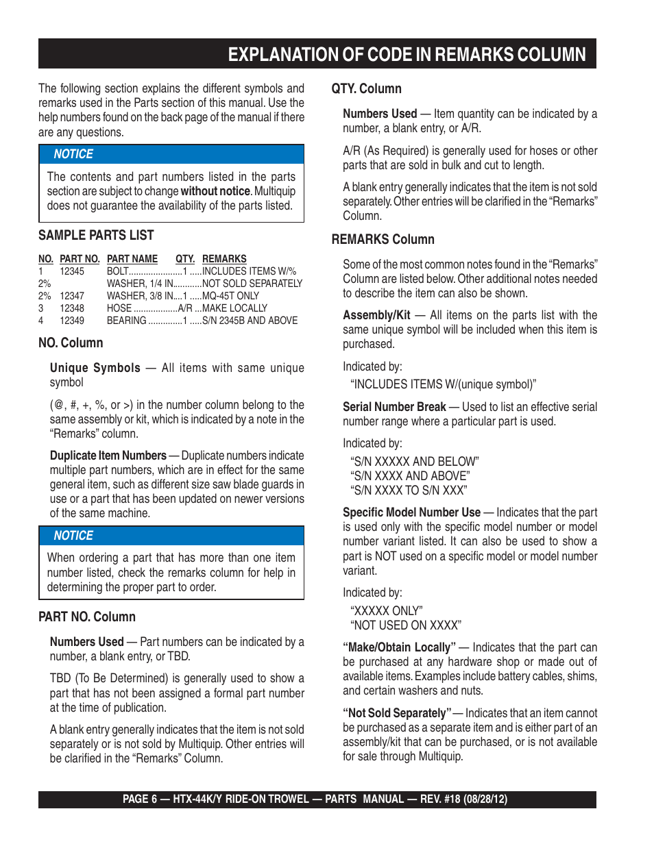 Explanation of code in remarks column | Multiquip HTX44K4_K5_Y4_Y5 User Manual | Page 6 / 74
