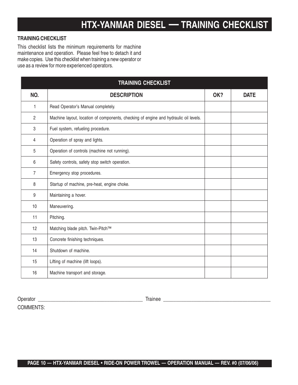 Htx-yanmar diesel, Training checklist | Multiquip HTX44Y5 User Manual | Page 10 / 50