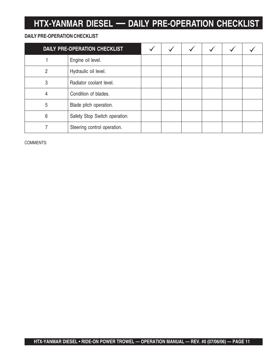 Htx-yanmar diesel, Daily pre-operation checklist | Multiquip HTX44Y5 User Manual | Page 11 / 50