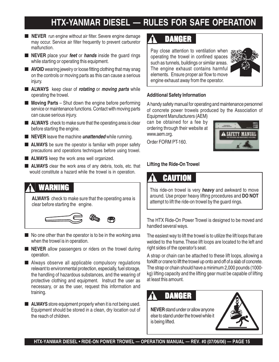 Htx-yanmar diesel — rules for safe operation, Warning, Danger | Multiquip HTX44Y5 User Manual | Page 15 / 50