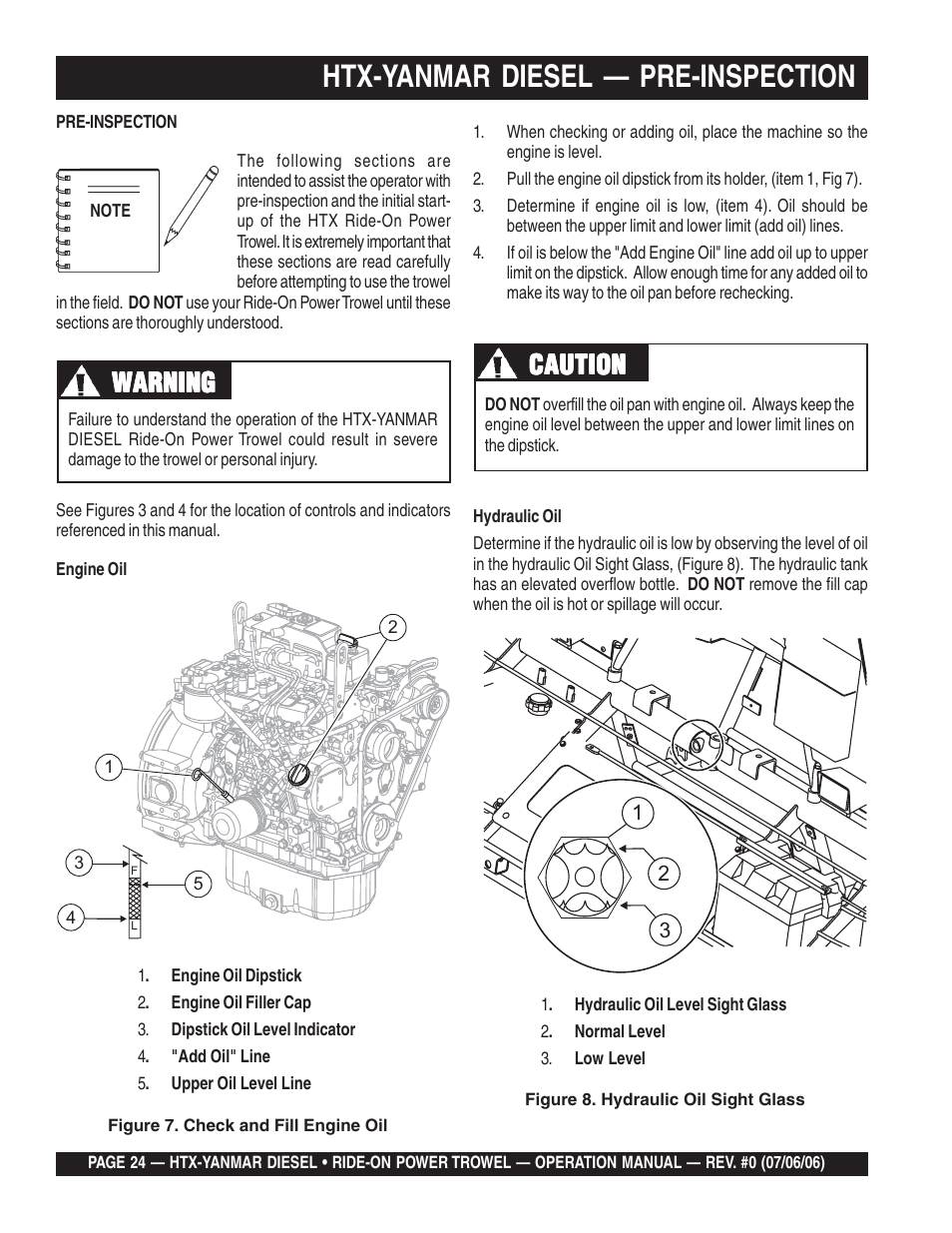 Htx-yanmar diesel — pre-inspection, Warning, Caution | Multiquip HTX44Y5 User Manual | Page 24 / 50