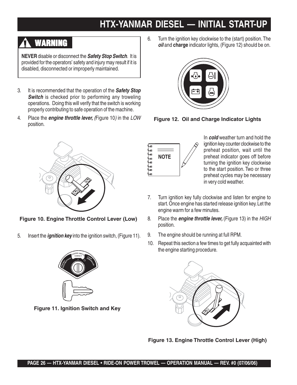 Htx-yanmar diesel — initial start-up, Warning | Multiquip HTX44Y5 User Manual | Page 26 / 50