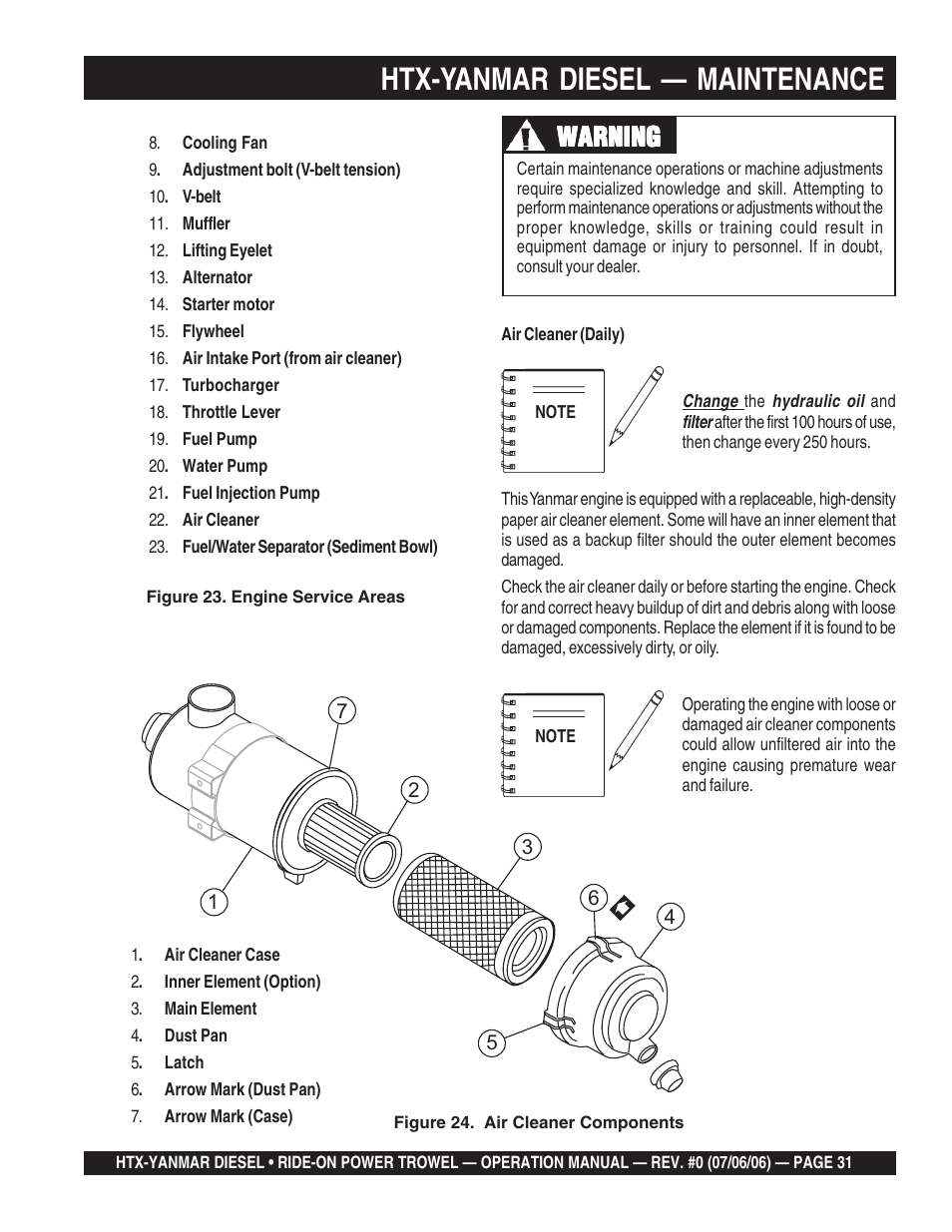 Htx-yanmar diesel — maintenance, Warning | Multiquip HTX44Y5 User Manual | Page 31 / 50