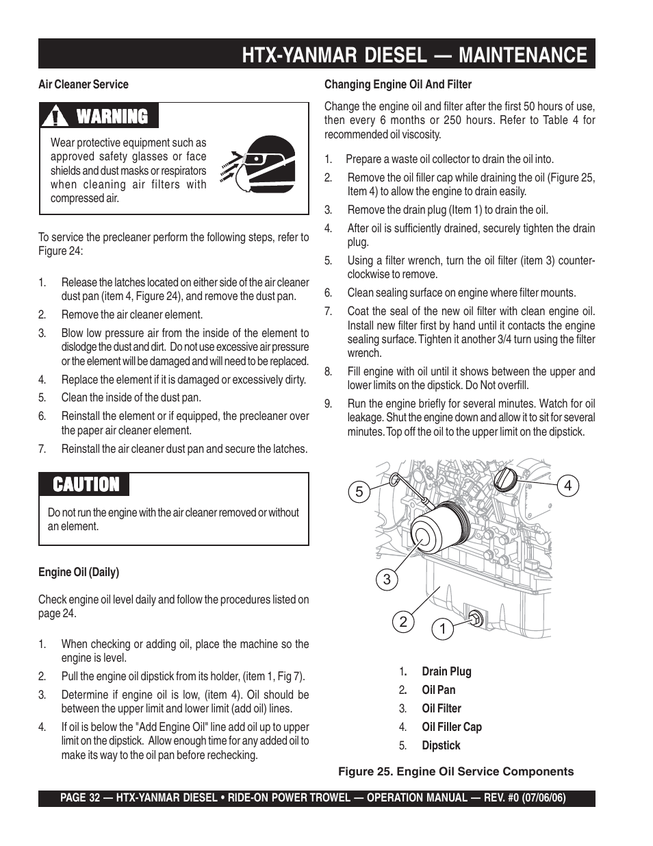 Htx-yanmar diesel — maintenance, Caution, Warning | Multiquip HTX44Y5 User Manual | Page 32 / 50
