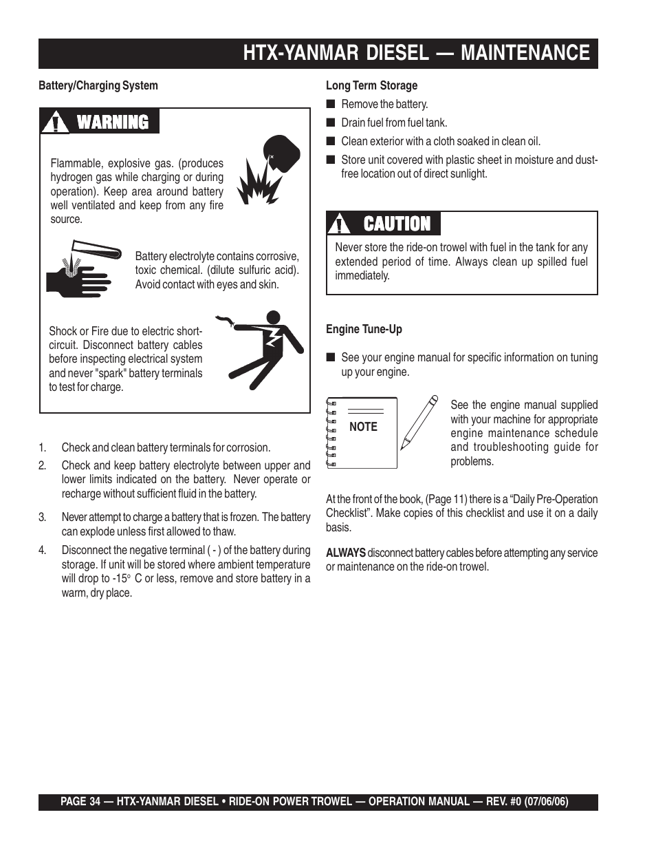 Htx-yanmar diesel — maintenance, Warning, Caution | Multiquip HTX44Y5 User Manual | Page 34 / 50