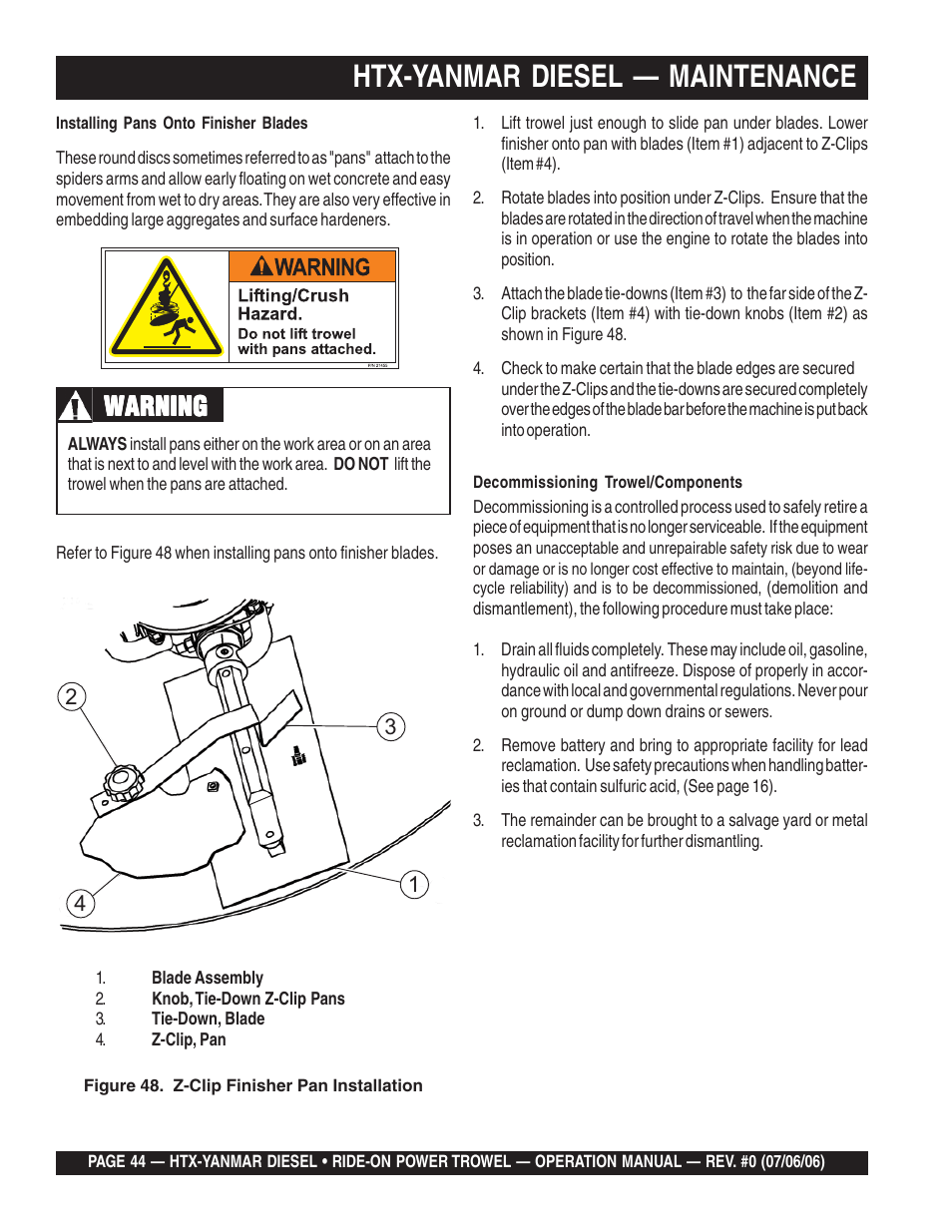 Htx-yanmar diesel — maintenance, Warning | Multiquip HTX44Y5 User Manual | Page 44 / 50