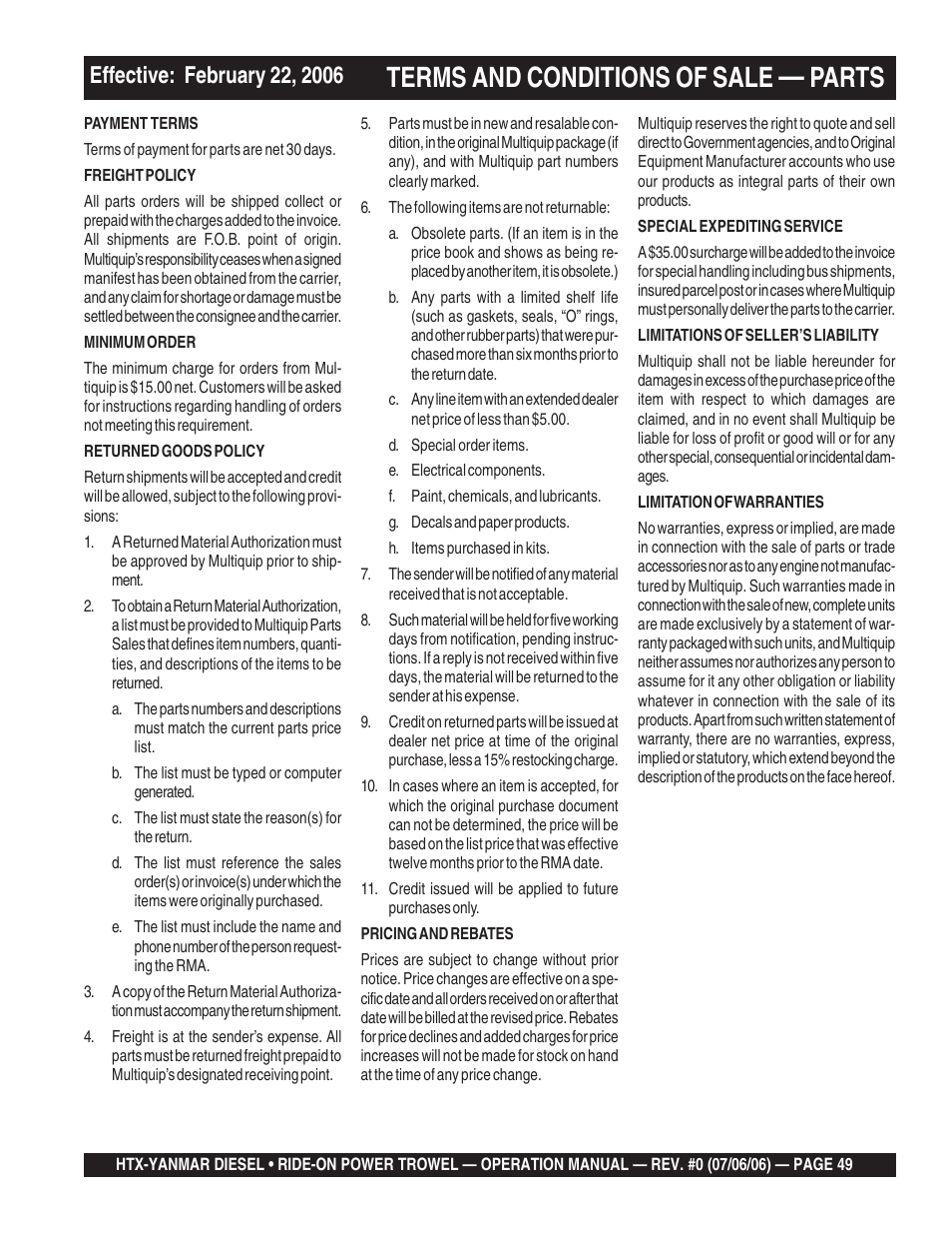 Terms and conditions of sale, Parts | Multiquip HTX44Y5 User Manual | Page 49 / 50