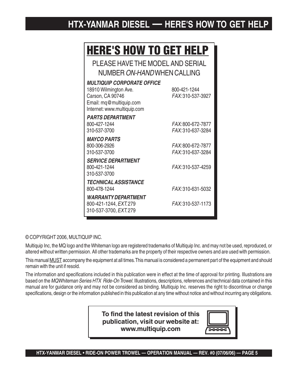 Htx-yanmar diesel, Here's how to get help, On-hand | Please have the model and serial number, When calling | Multiquip HTX44Y5 User Manual | Page 5 / 50