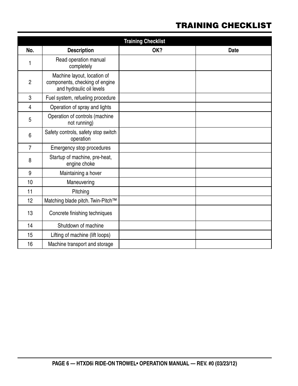 Training checklist | Multiquip HTXD6i User Manual | Page 6 / 40