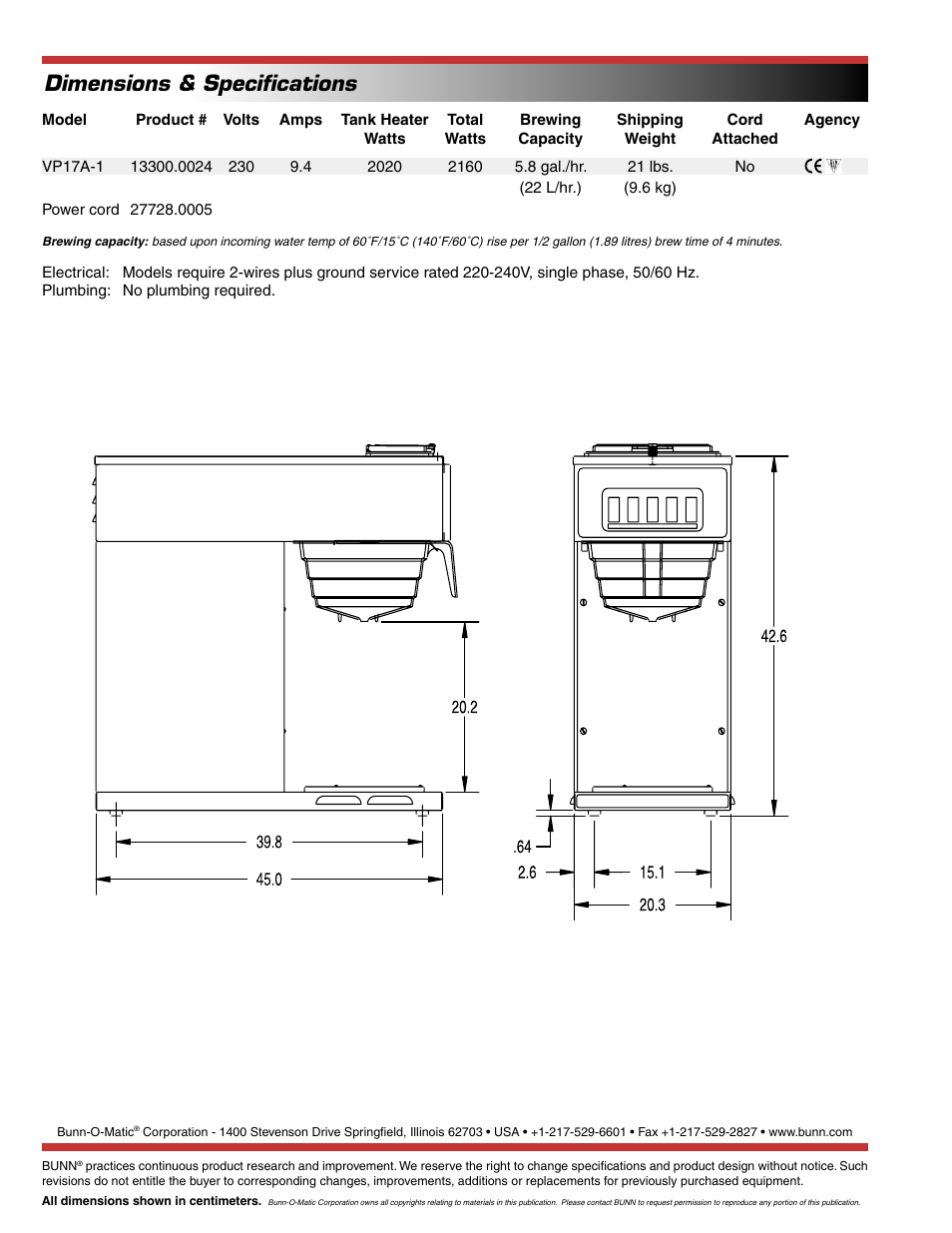 Dimensions & speciﬁcations | Bunn VP17-1 User Manual | Page 2 / 2