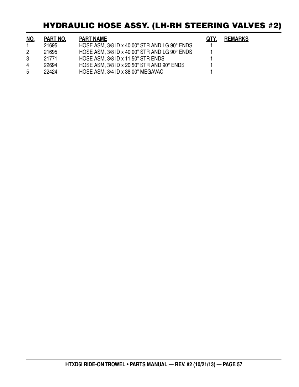 Hydraulic hose assy. (lh-rh steering valves #2) | Multiquip HTXD6i User Manual | Page 57 / 104